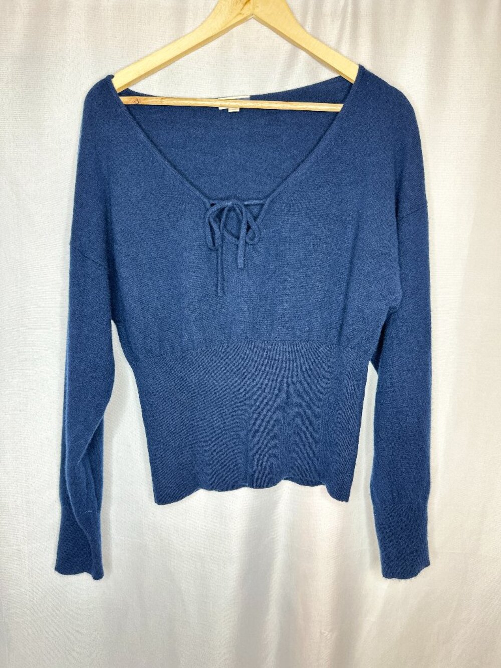 J Crew Cashmere Ribbed Tied V-Neck Navy Sweater, LARGE Y2K Fairy Preppy Soft